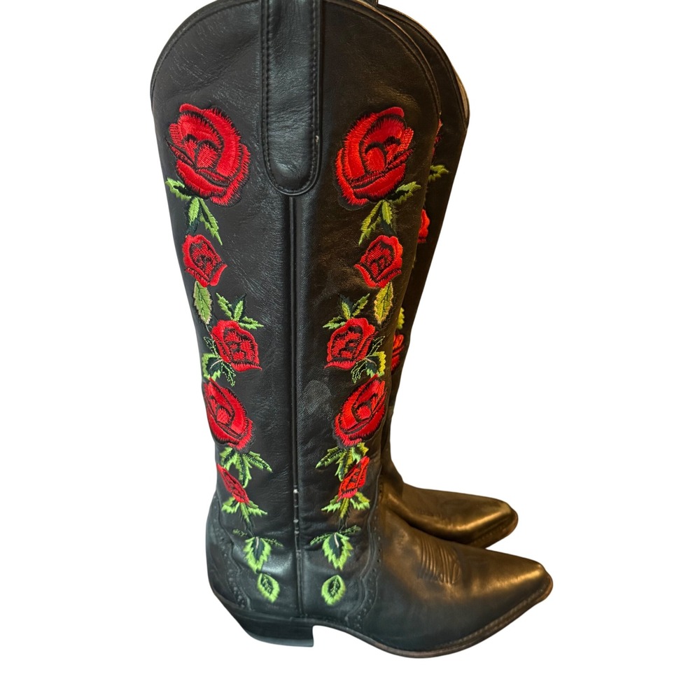 RARE Dan Post Black Leather Women's Tall Boots with Red Rose Embroidery
